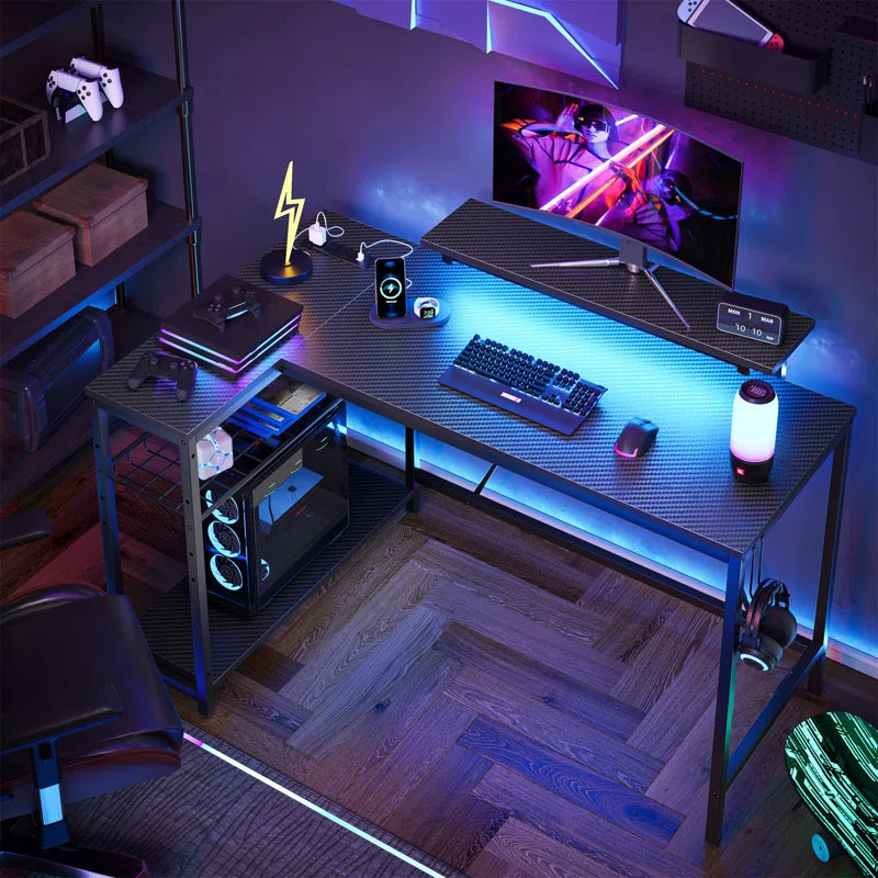 Nedyo 48" L-Shaped Computer Desk with Power Outlet, LED Gaming Work Desk with Monitor Stand